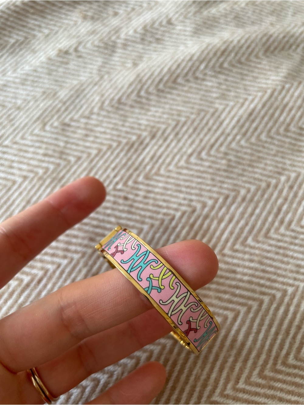 H inspired Gold & Pink Enamel H H Cuff Bracelet - Picture 5 of 7